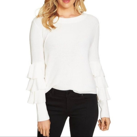 1. State Sweaters - 1.State Women's The Nomad Ruffled Tiered Pullover Sweater Antique White Small